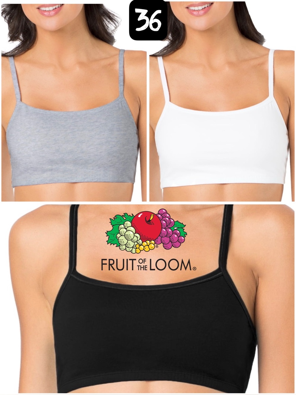 Fruit of the Loom Women’s Spaghetti Strap Cotton Sports Bra 3 Pack sz 36